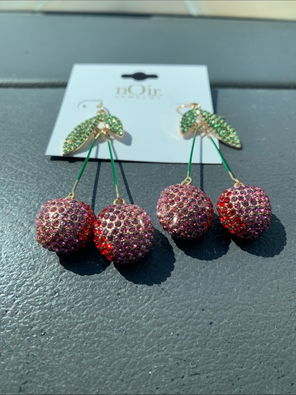 nOir Jewelry Pink & Red Crystal Cherry Drop Earrings with Green Leaves